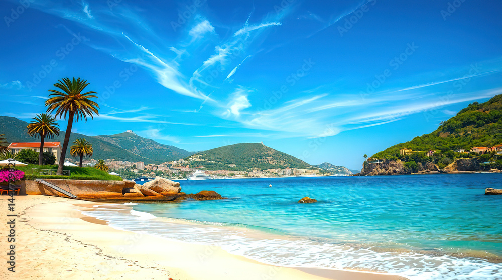Fototapeta premium Tropical paradise beach with crystal-clear turquoise water, white sand, colorful kayaks, palm trees, lush mountains, blue sky, vivid coastal scenery in ultra-detailed photorealistic 4K wide-angle shot