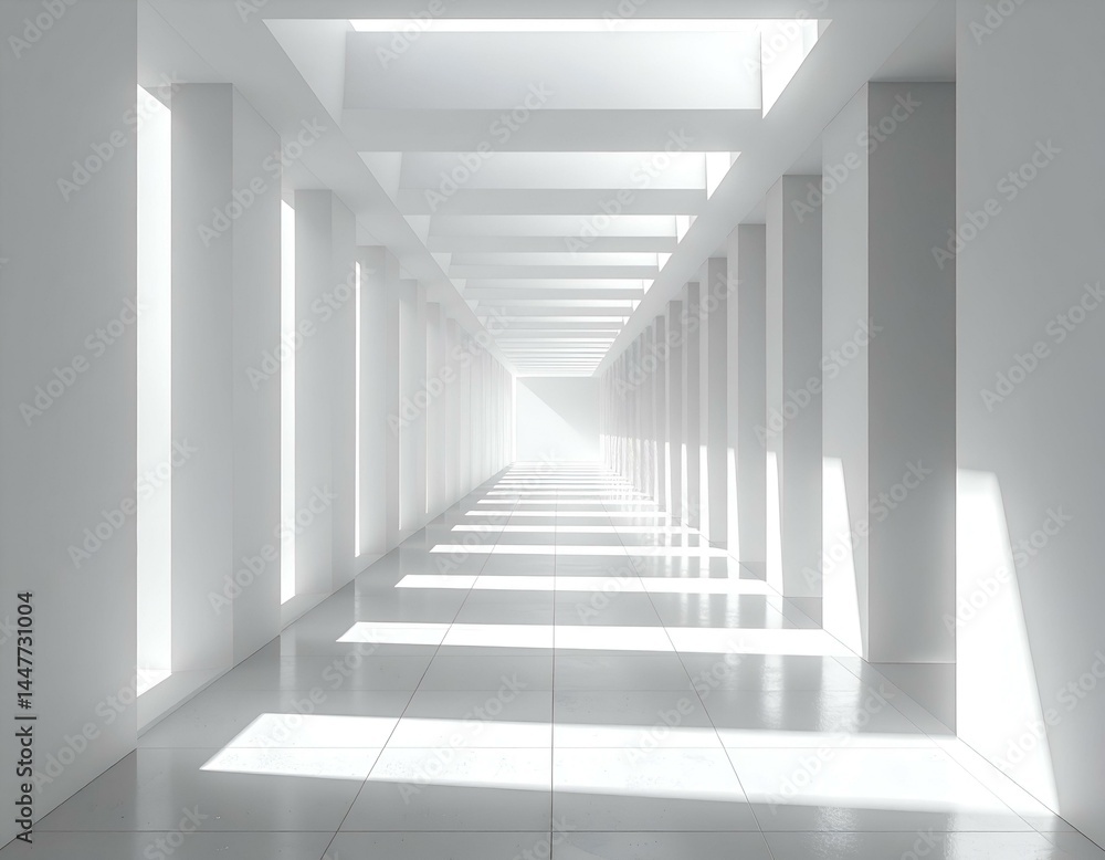 Fototapeta premium Modern minimalist white hallway with natural light streaming through skylights and windows. Clean lines, bright interior. Perfect for architectural or design concepts.