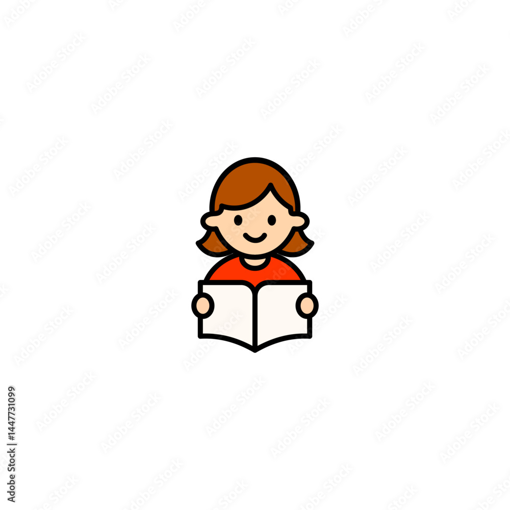 Minimalist Icon of Cute Girl Reading a Book – Flat Vector Design for Education and Kids Content Minimalist Icon of Cute Girl Reading a Book – Flat Vector Design for Education and Kids Content