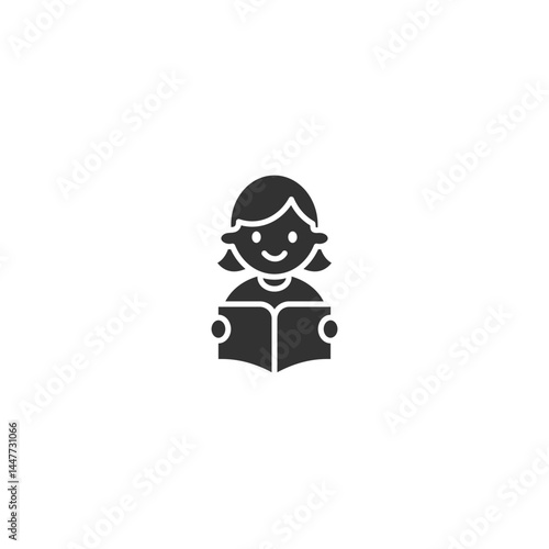 Silhouette minimalist Icon of Cute Girl Reading a Book – Flat Vector Design for Education and Kids Content