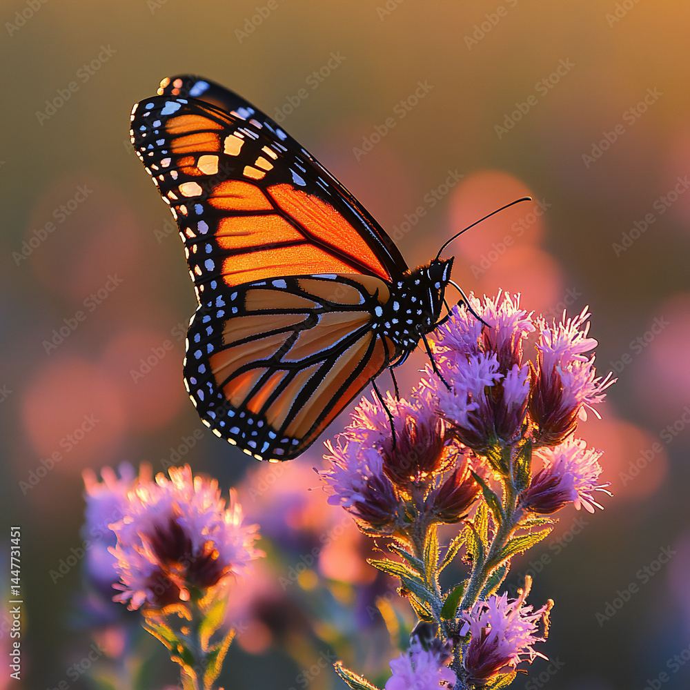 Fototapeta premium A detailed shot of a monarch butterfly perched on a flower, with intricate wing patterns