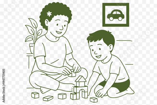 Line Art Illustration of Siblings Playing Together with Building Blocks on the Floor Minimalist Family Scene