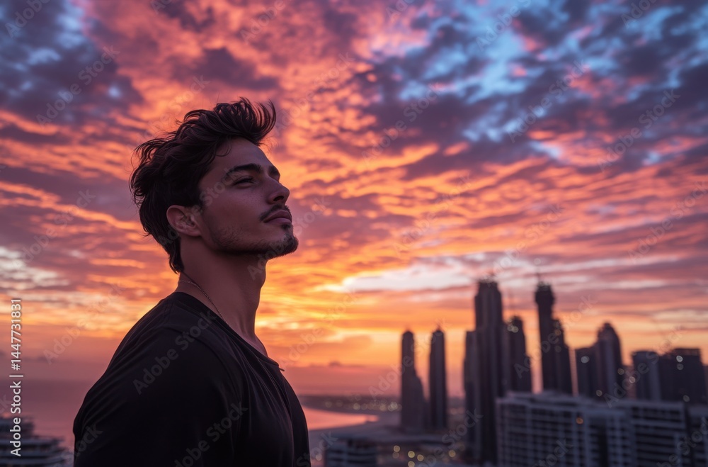 Fototapeta premium Rooftop view of Dubai skyline with bold, colorful sunset