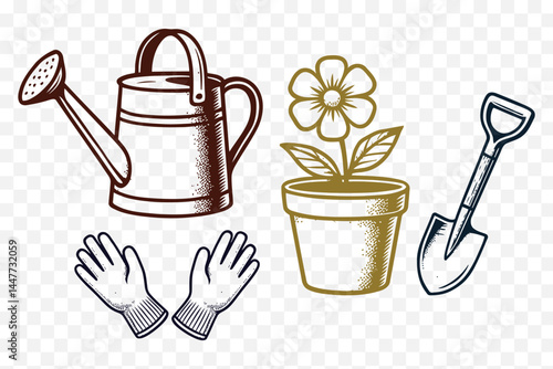 Minimalist Gardening Essentials Icon Set – Watering Can, Flower Pot, Gloves, Shovel – Vintage Line Art Vector
