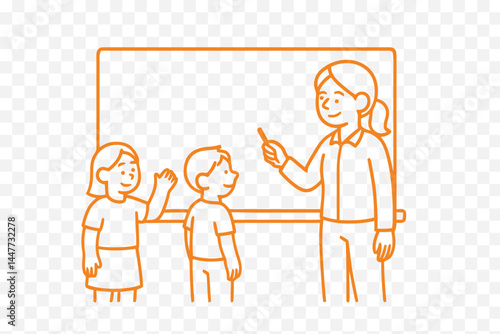 Minimalist Line Art of Teacher with Two Kids at the Board Classroom Scene