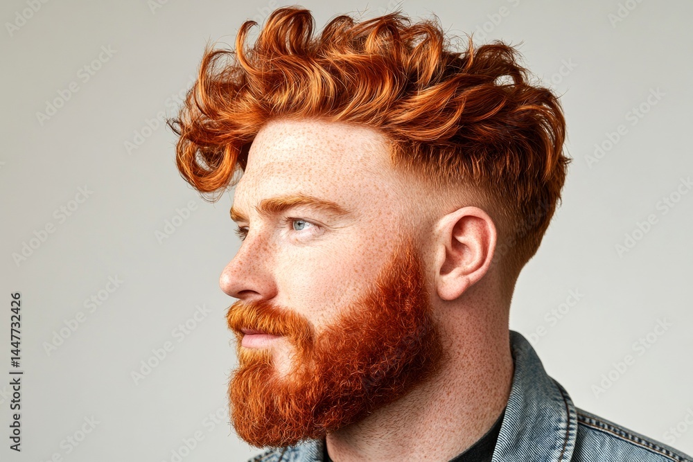 A modern and happy gentleman enjoying his moment. Pure white solid background. Chic men's shoulder-length taper haircut - midlife white man with red hair. Visual idea of style for aging men.