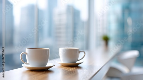 Two coffee cups on a wooden counter in a bright, modern office with large windows overlooking a cityscape.