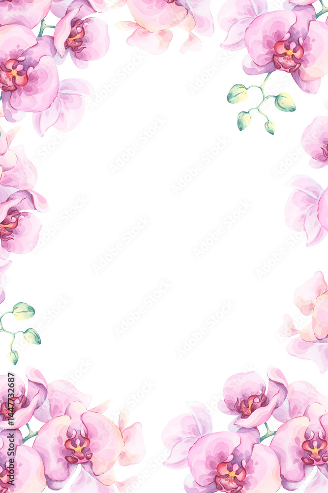 Pink orchid frame for invitations and cards. Hand-drawn botanical watercolor illustration. Translucent flowers. Elegant floral design. Ideal for spa menus, brochures, feminine branding, and planners Pink orchid frame for invitations and cards. Hand-drawn botanical watercolor illustration. Translucent flowers. Elegant floral design. Ideal for spa menus, brochures, feminine branding, and planners