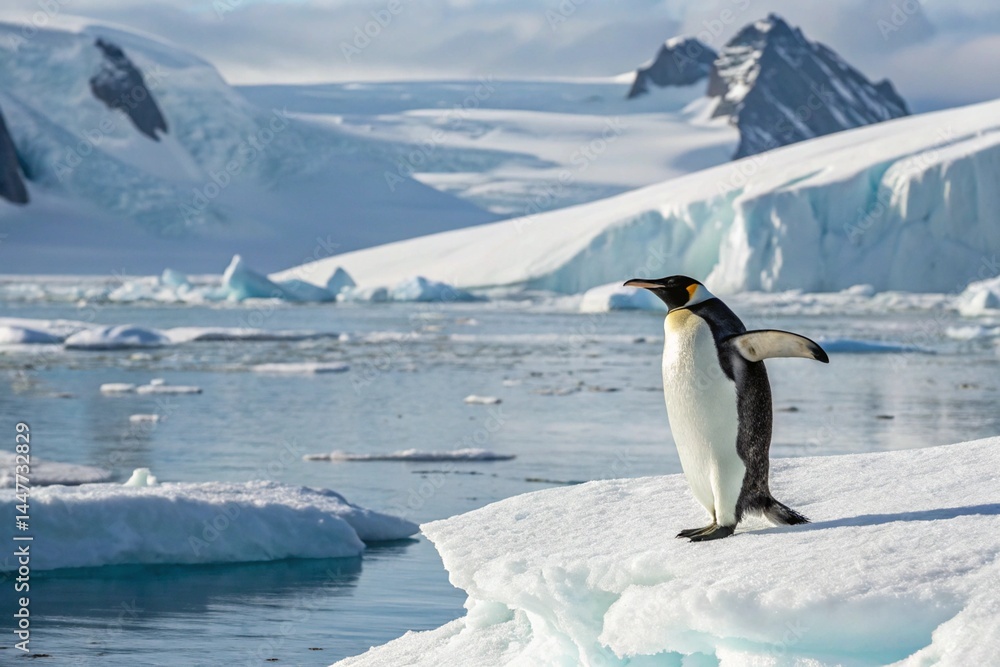 A majestic emperor penguin stands gracefully on an ice floe in Antarctica