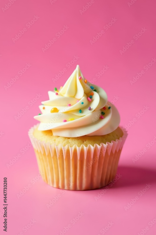 Single vanilla cupcake with sprinkles on pink background, confectionery, sprinkles, pastel pink Single vanilla cupcake with sprinkles on pink background, confectionery, sprinkles, pastel pink