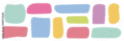 Colorful hand Drawn label set with doodle stitched border. Irregular rectangular Frames in pastel colors. Perfect for scrapbooking, kids designs, creative planners, stickers, packaging, DIY projects