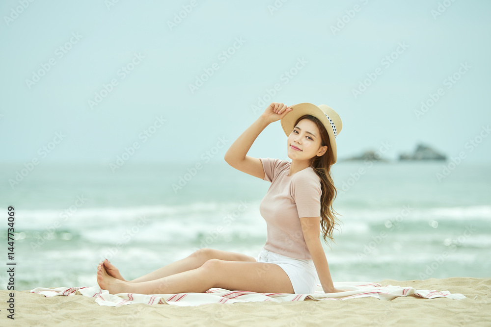 custom made wallpaper toronto digitalYoung Woman Sitting on Beach Wearing Straw Hat and Pink Shirt