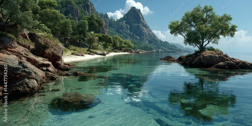 Serene coastal view with clear water and rocky formations under bright blue skies at midday Serene coastal view with clear water and rocky formations under bright blue skies at midday