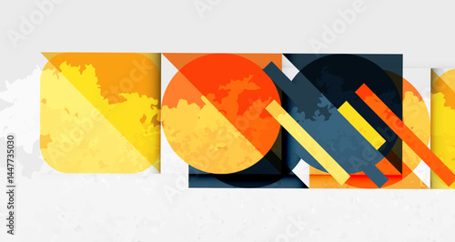 Abstract geometric shapes overlap, creating vibrant orange, yellow, navy composition. Textured background adds depth. Modern design.