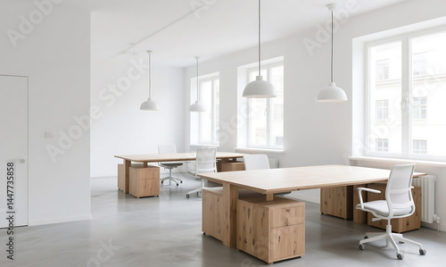 Modern futuristic office interior with innovative furniture designs, polished concrete floors, minimalist aesthetics, and high-tech workspace setup in a bright environment