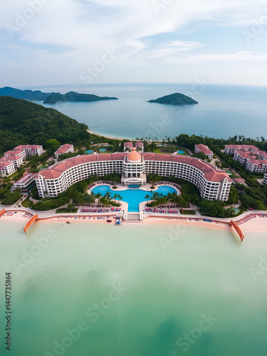 Vietnam's Nha Trang Aerial view of the five-star Vinpearl resort in Nha Trang, Vietnam captured by a drone or flycam. It is a well-liked travel location.