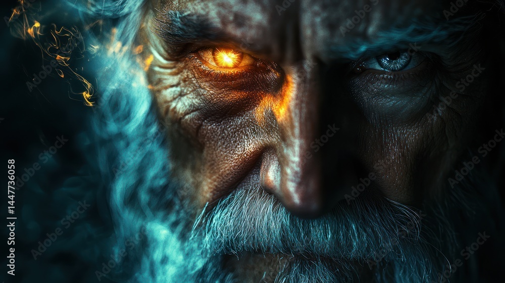 Obraz premium Half of a wizardâ€™s face with a mystical glow in one eye