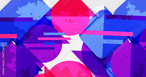 Abstract composition. Vivid blues, pinks, whites blend. Geometric shapes overlap creating dynamic visual effect. Modern design.