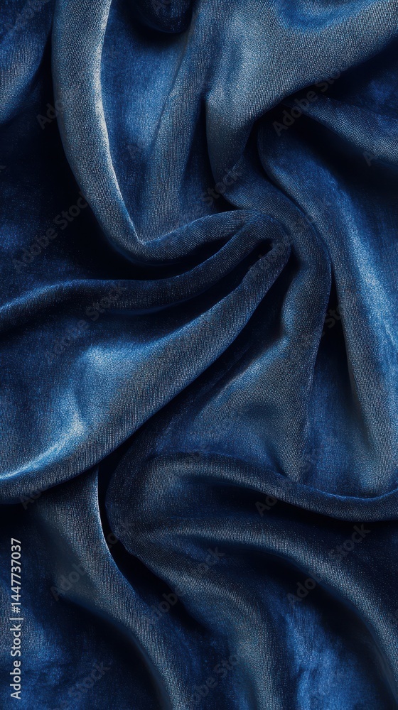Elegant deep blue satin fabric draping softly with smooth and luxurious texture in indoor lighting Elegant deep blue satin fabric draping softly with smooth and luxurious texture in indoor lighting