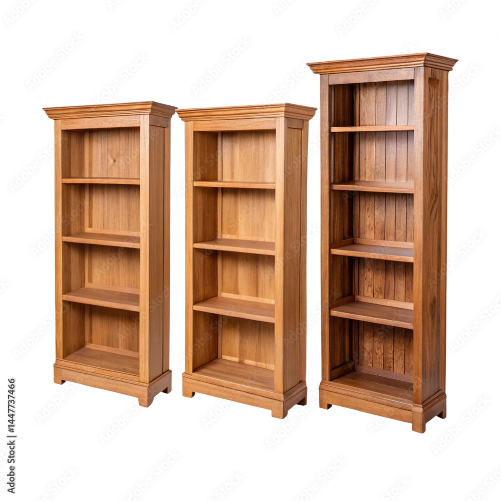 Three Wooden Bookcases in Light Brown Oak Finish Set against Gray Background isolated on transparent background Generative AI Three Wooden Bookcases in Light Brown Oak Finish Set against Gray Background isolated on transparent background Generative AI