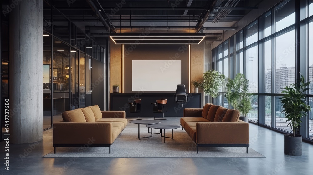 Fototapeta premium A blank white frame is displayed in a modern office reception area. It's a mockup for a corporate logo or branding. There's space to add your own design. 