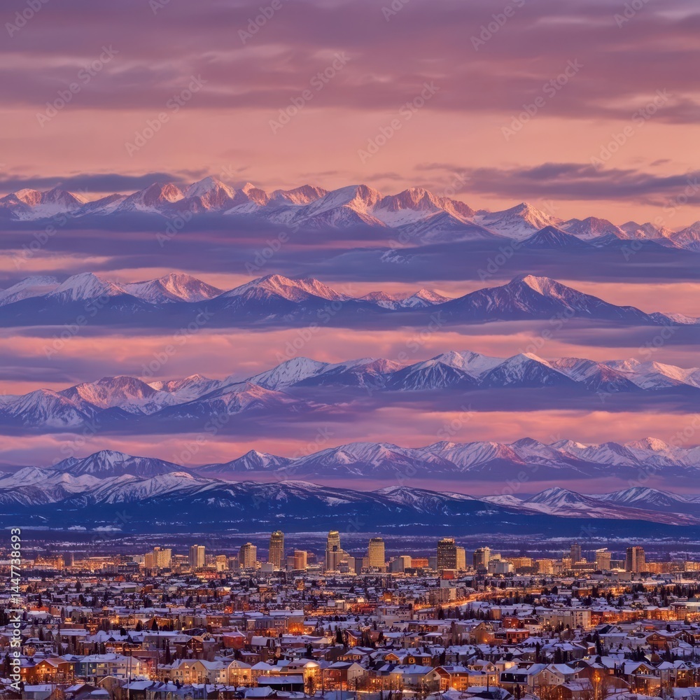Obraz premium Anchorage skyline at sunset, mountains in background, twilight, golden hour, low angle