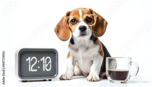 beagle dog in eyeglasses sitting near alarm clock and coffee cup, isolated on white