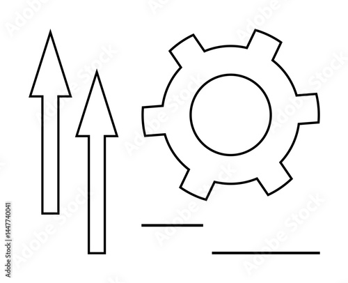 Gear alongside two upward arrows emphasizes progress, engineering, innovation, and growth. Ideal for teamwork, business solutions, technical development, achievement, goal setting simple landing