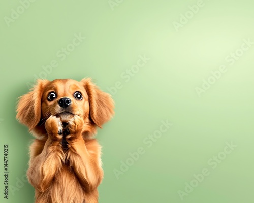 A charming spaniel-type puppy with big eyes on a light green background, expressing innocence