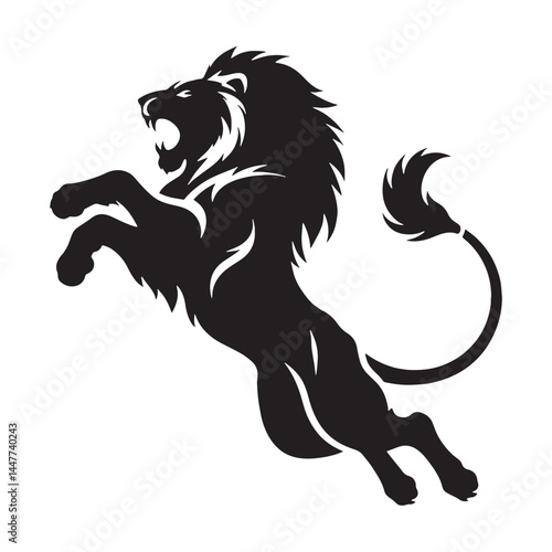 Striking attacking lion silhouette vector posed for graphic intensity – attacking lion silhouette – attacking lion vector – attacking lion illustration – silhouette of attacking lion

