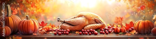 A festive Thanksgiving table filled with roasted turkey pumpkins and cranberries set against a warm autumn backdrop.
