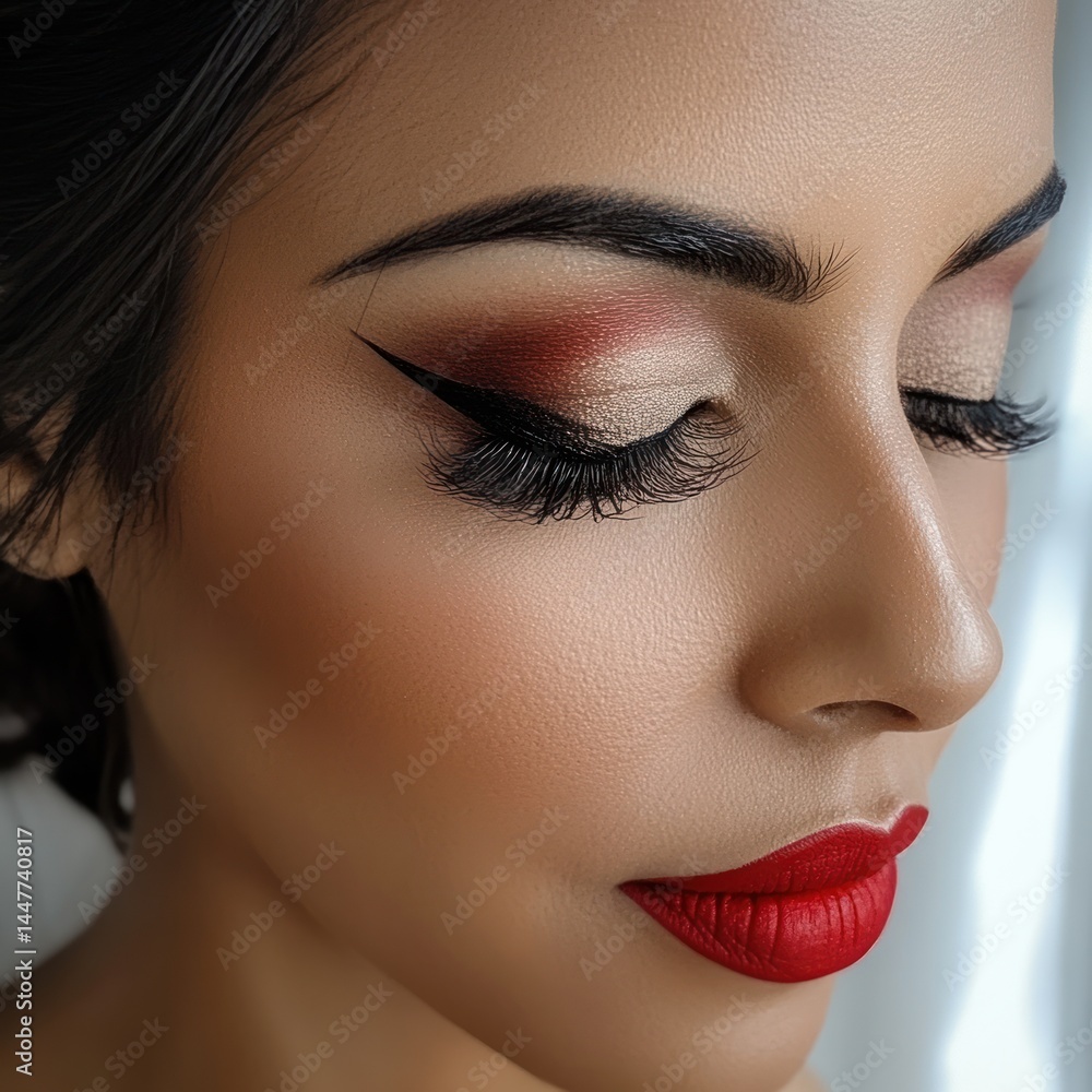 Indian bridal makeup with bold eyeliner and red lipstick. --v 6.1 Job ID: f257a872-acb5-4147-83fb-7bb1b3b118d4 Indian bridal makeup with bold eyeliner and red lipstick. --v 6.1 Job ID: f257a872-acb5-4147-83fb-7bb1b3b118d4