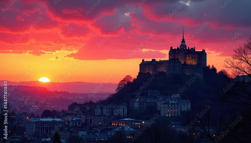 Edinburgh Castle silhouetted against a fiery winter sunset , magnificent, hill, stone Edinburgh Castle silhouetted against a fiery winter sunset , magnificent, hill, stone