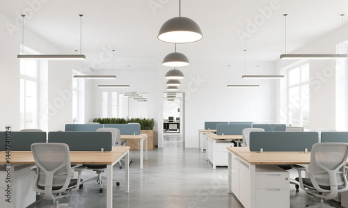 Modern futuristic office interior with innovative furniture designs, polished concrete floors, minimalist aesthetics, and high-tech workspace setup in a bright environment