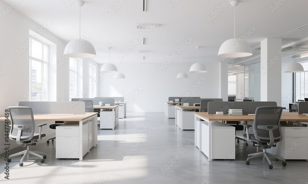 Modern futuristic office interior with innovative furniture designs, polished concrete floors, minimalist aesthetics, and high-tech workspace setup in a bright environment Modern futuristic office interior with innovative furniture designs, polished concrete floors, minimalist aesthetics, and high-tech workspace setup in a bright environment