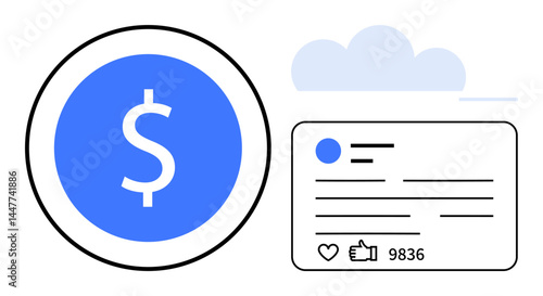 Blue dollar sign in a circular icon and a social media post with thumbs ups, comments, and engagement stats. Ideal for finance, marketing, social media, digital growth, analytics, content strategy