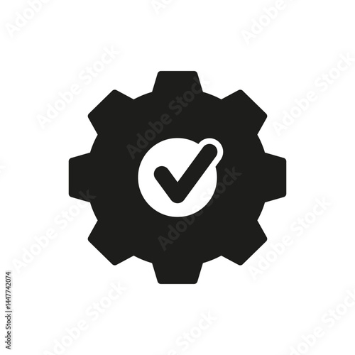 Gear With Checkmark Solid Icon. Efficiency And Reliability. Quality Assurance, System Optimization, And Task Completion Silhouette Symbol. Isolated Vector Illustration