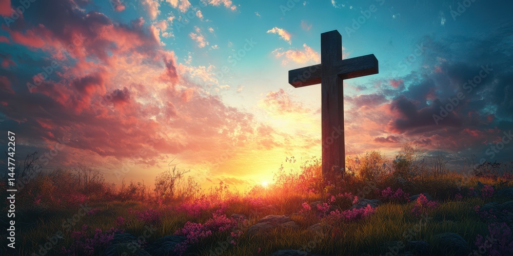 Sunset over a cross in a serene landscape with blooming flowers and vibrant sky colors Sunset over a cross in a serene landscape with blooming flowers and vibrant sky colors