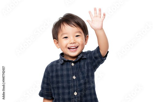 smiling child waving and cheerful and full of happiness isolated on white transparent background