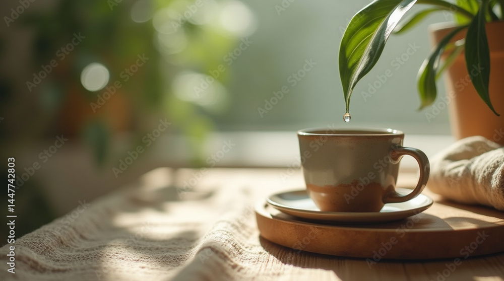 Macro of a single droplet hanging from a houseplant leaf, soft natural light, minimalist calm mood, zen style
Close-up of textured linen fabric on wooden table with a ceramic cup, warm natural ton Macro of a single droplet hanging from a houseplant leaf, soft natural light, minimalist calm mood, zen style
Close-up of textured linen fabric on wooden table with a ceramic cup, warm natural ton
