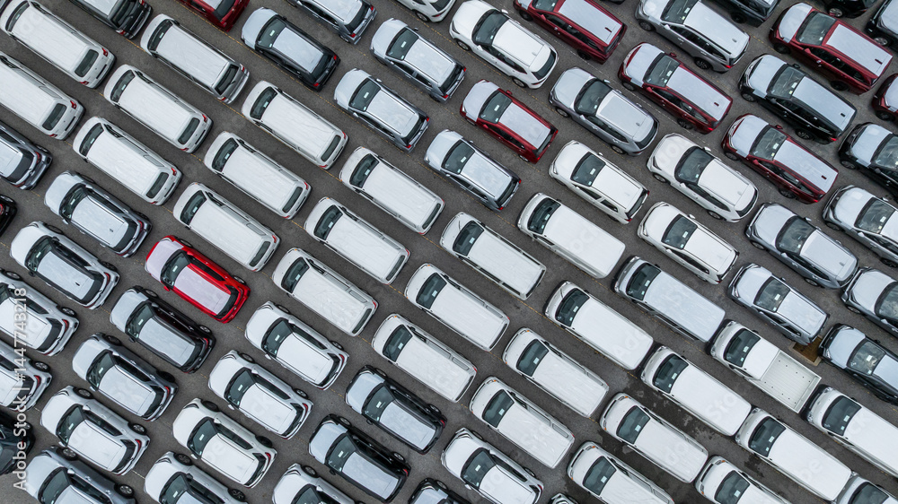 Aerial view new cars global business logistic import export transportation, New cars dealer inventory import export business logistic, New cars parking for sale automobile automotive industry business