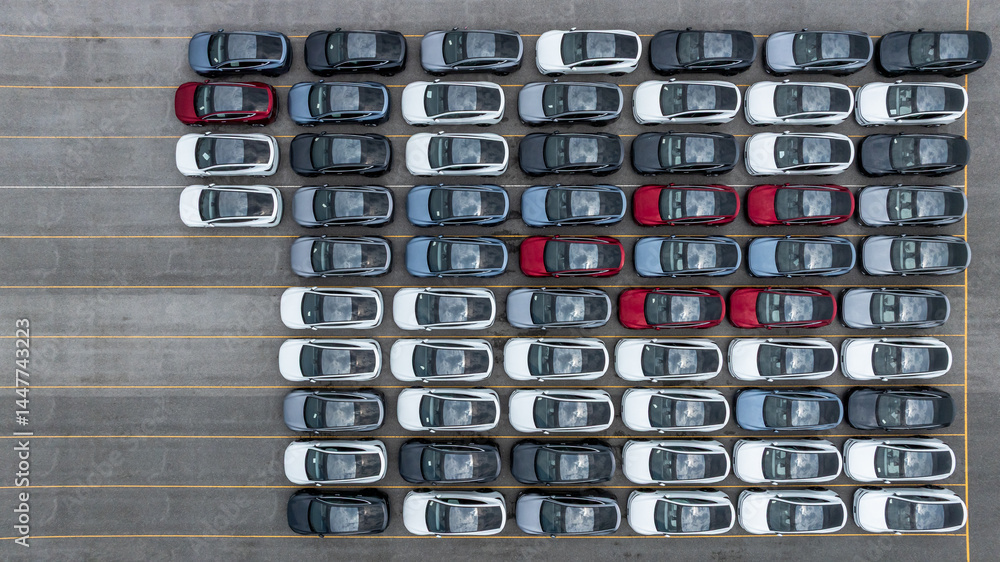 Aerial view new cars global business logistic import export transportation, New cars dealer inventory import export business logistic, New cars parking for sale automobile automotive industry business