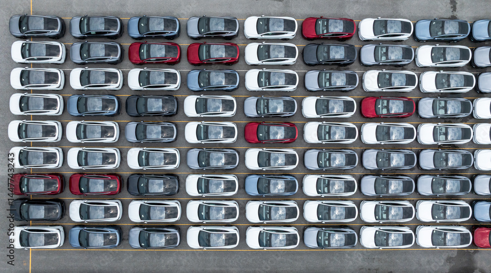 Aerial view new cars global business logistic import export transportation, New cars dealer inventory import export business logistic, New cars parking for sale automobile automotive industry.