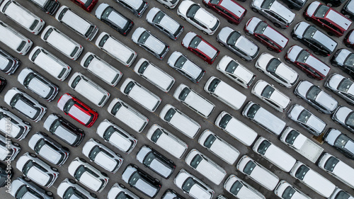 Aerial view new cars global business logistic import export transportation, New cars dealer inventory import export business logistic, New cars parking for sale automobile automotive industry business