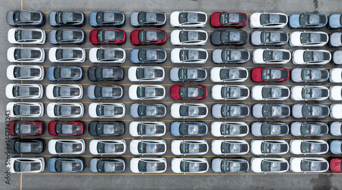 Obraz na płótnie Aerial view new cars global business logistic import export transportation, New cars dealer inventory import export business logistic, New cars parking for sale automobile automotive industry. w salonie