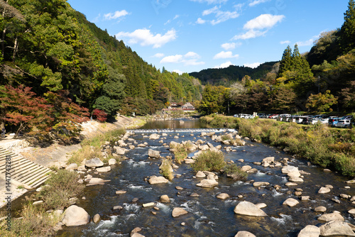 Tomoe river view from Kaorukaede bridge at Korankei gorge during autumn season