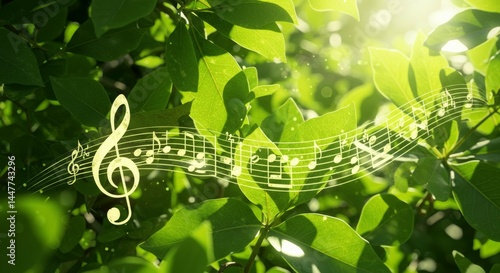 Music Notes Over Green Leaves