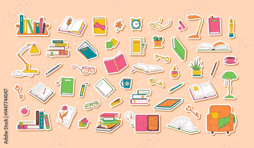 Books and stationery, interior items, all reading related stickers. Trendy cartoon object set