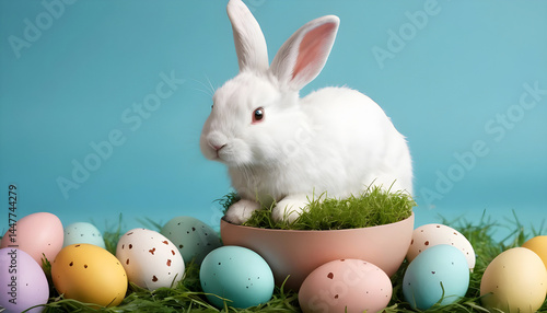 귀여운 부활절 흰색 토끼와 계란