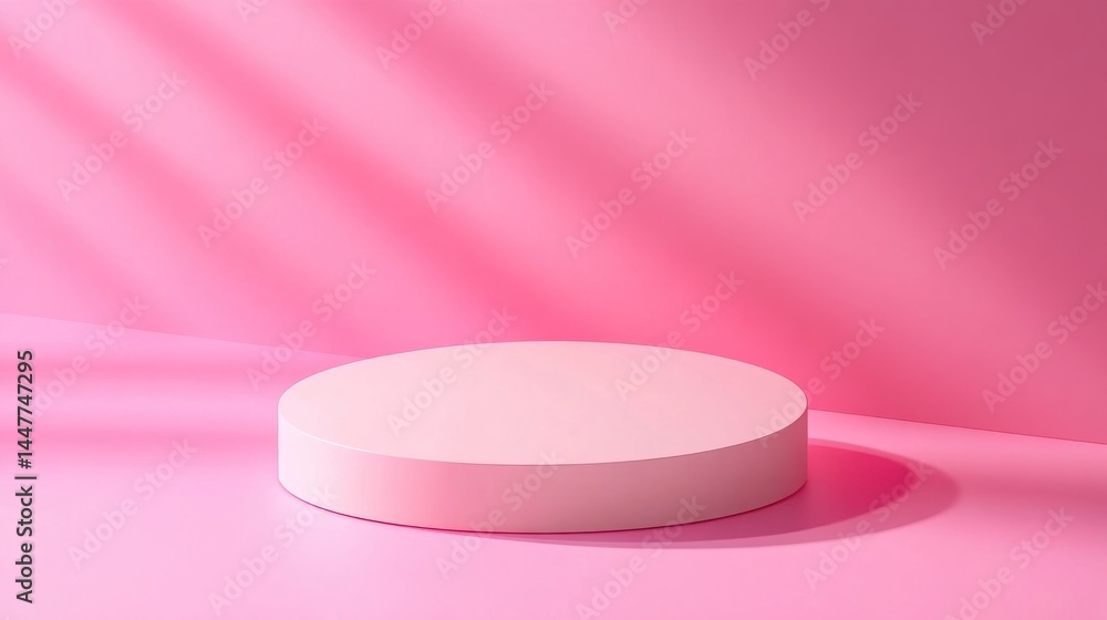 Empty, light pink, circular display podium against a pink backdrop. Empty, light pink, circular display podium against a pink backdrop.